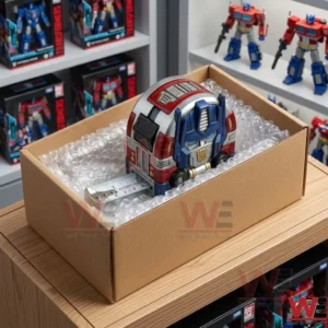 Transformers Optimus Prime Tape Measure 3 An open cardboard box showing a robot shaped measuring tool protected by bubble wrap on a wooden surface!
