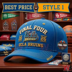 Blue UCLA Bruins Final Four 2026 baseball cap with gold embroidery on a wooden desk.