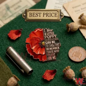 A red poppy pin with gold text on green felt!
