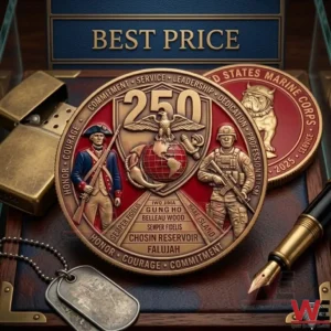 A decorative military challenge coin featuring historic and modern soldiers next to a pen and dog tags!