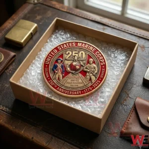 United States Marine Corps Semper Fideles Coin 3 A commemorative military coin wrapped in bubble wrap inside an open cardboard box on a leather desk!