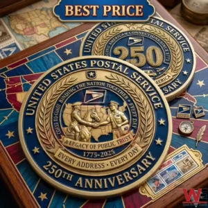 Two large commemorative coins for the postal service anniversary surrounded by stamps and a compass!
