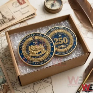 United States Postal Service 250th Anniversary Coin 3 An open cardboard box containing two commemorative coins wrapped in bubble wrap next to vintage postcards!