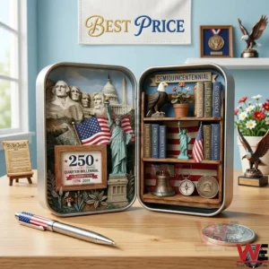 Miniature American history display inside an open metal case!