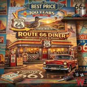 Finished puzzle showing a vintage american road trip scene!