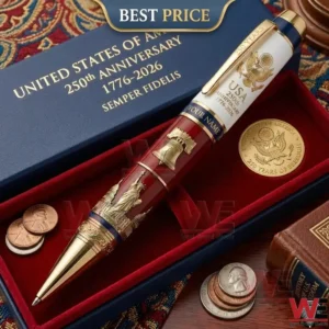 A red white and blue anniversary fountain pen with gold details resting in a display box surrounded by coins!