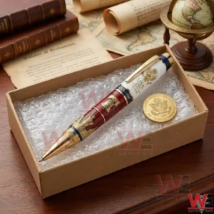 A collectible pen and gold coin nestled in bubble wrap inside an open cardboard mailing box!