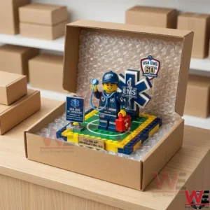 USA EMS 60th Anniversary Figure Brick Set 3 An anniversary building set secured with bubble wrap inside a cardboard box!