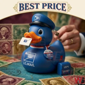 A blue USPS mail carrier rubber duck with an anniversary medal and a tiny envelope on a desk filled with old stamps!