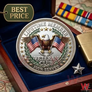 Commemorative silver coin for Veteran Club Lifetime Member in a display box!