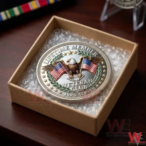 Veteran Club coin packed in bubble wrap inside a cardboard box!