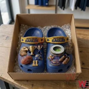 A pair of blue clogs with sports decorations secured by bubble wrap inside an open cardboard box!