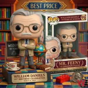 A collectible vinyl figure of an elderly male teacher in a suit standing next to a themed box in a library setting!