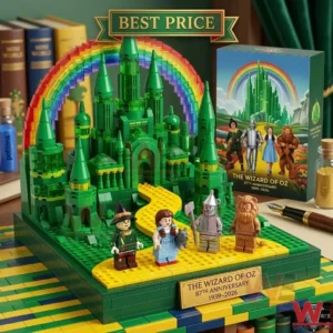 A constructed building block model of a green castle with a rainbow is shown with its packaging! Small figures of the Scarecrow Dorothy the Tin Man and the Lion are positioned on a yellow road! Small jars and a pen sit on the wooden table!