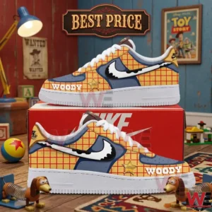 A pair of yellow and blue themed sneakers with cowboy character details on a red shoe box!