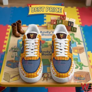Top view of two custom sneakers on a table decorated with cartoon characters and toy blocks!