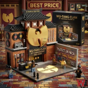 A toy building set of a temple with a gold Wu Tang logo and miniature figures standing on a stage with a graffiti wall and DJ equipment!