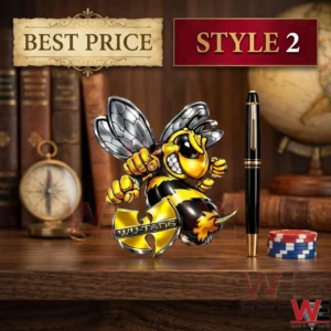Wu Tang Clan Logo 3D Car Name Badge 5 A cartoon bee mascot next to a premium pen and colorful chips on a desk!