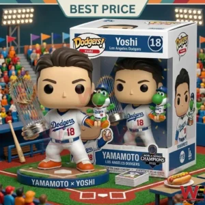 A vinyl figure of a baseball player in a white uniform holding a silver trophy and a small green character next to its display box.