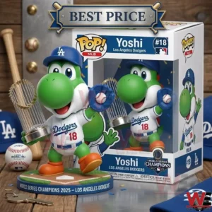 A green dinosaur character in a baseball uniform holding a trophy next to its retail box!