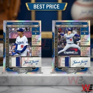 Two baseball trading cards of pitcher Yoshinobu Yamamoto showing him celebrating and pitching!