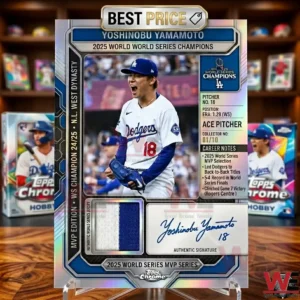 A sports card of baseball player Yoshinobu Yamamoto celebrating on a display stand!