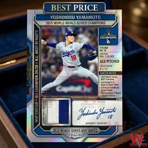A sports trading card showing baseball pitcher Yoshinobu Yamamoto in action inside a display box!
