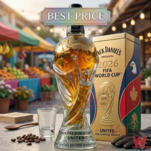 2026 FIFA World Cup commemorative Jack Daniel's whiskey bottle in a custom presentation box.