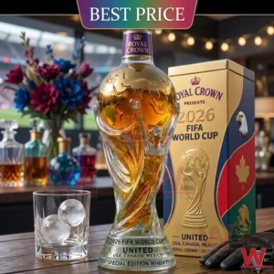 Royal Crown 2026 FIFA World Cup special edition whisky bottle shaped like the championship trophy.