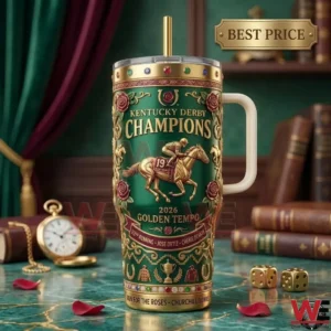 Kentucky Derby Champions commemorative tumbler in forest green and gold.