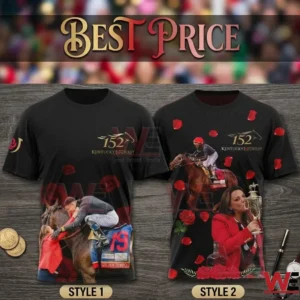 Two black Kentucky Derby 152 commemorative t-shirts displayed side-by-side with horse racing imagery.