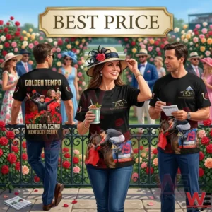 Three models wearing Kentucky Derby themed clothing in a garden setting