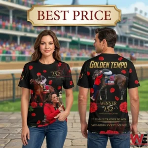 Man and woman wearing black t-shirts featuring Kentucky Derby 152 graphic design
