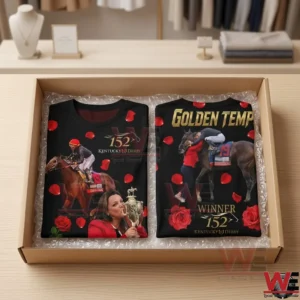 Two black t-shirts featuring Kentucky Derby 152 race winner graphics and roses in a shipping box.