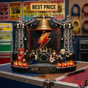 Brick built rock band stage set with five band members a golden bell a lightning bolt and flames!