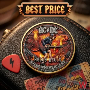 A commemorative rock band coin on a leather surface with a red pick and tickets!