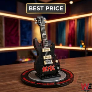 Small block toy guitar of ACDC on a circular stand with a music studio background!