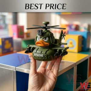 A hand holding a military duck helicopter toy with Apache written on the front in a toy store.