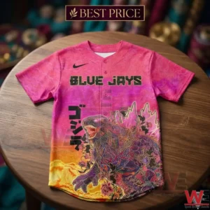 Toronto Blue Jays baseball jersey with colorful Godzilla graphic