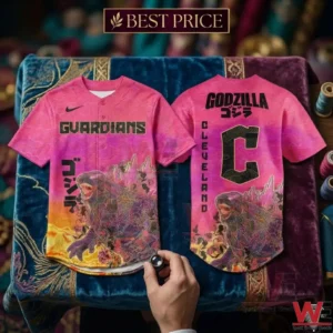 Front and back view of a pink Guardians Godzilla themed baseball jersey.