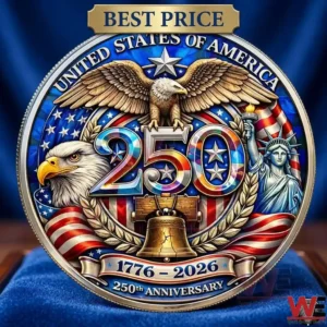 A detailed view of a large multi colored United States commemorative coin! The coin features a spread winged eagle the Statue of Liberty the Liberty Bell and a prominent number 250! The years 1776 2026 and text UNITED STATES OF AMERICA and 250th ANNIVERSARY are visible!
