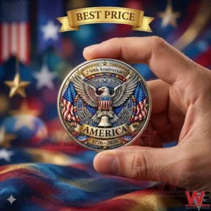 A detailed close up view of a persons hand holding a detailed United States commemorative coin! The coin displays a central eagle a Liberty Bell two american flags and the years 1776 2026 with text AMERICA and 250th Anniversary! The background is a blurred American flag with lights!