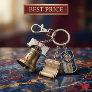America 250th Anniversary Collector Keychain Gift Set 3 A silver and bronze metal keychain with a large lobster clasp and multiple rings holds a detailed miniature liberty bell a miniature rolled up constitution scroll and a miniature dog tag pendant with an american flag!