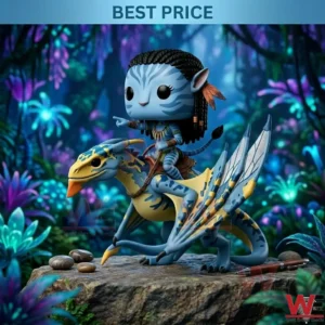 Neytiri riding a mountain banshee figurine from Avatar set against a bioluminescent Pandora forest background.