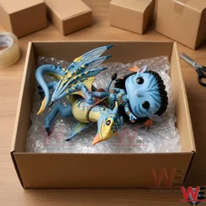 Na'vi character riding an Ikran figurine in a shipping box