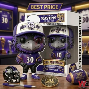 Baltimore Ravens 30th anniversary commemorative mascot figure in collector packaging.
