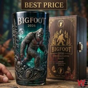 Commemorative 2026 Bigfoot drinking glass with wooden presentation box