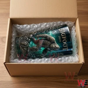 A decorative Bigfoot themed tumbler inside a cardboard shipping box with bubble wrap.