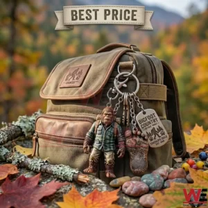 Brown canvas backpack featuring a Sasquatch keychain and Bigfoot Country emblem outdoors.