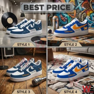 A composite image with four different pairs of custom sneakers in various background settings, like an art studio or a music room.